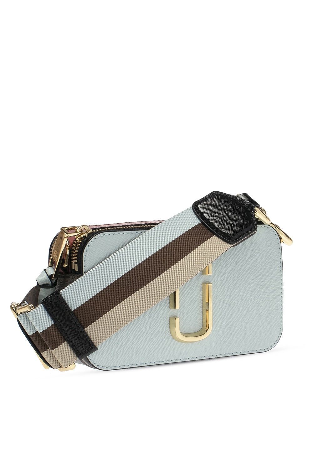 Marc Jacob Original Light blue handbag with a striped strap and gold logo on a white background
