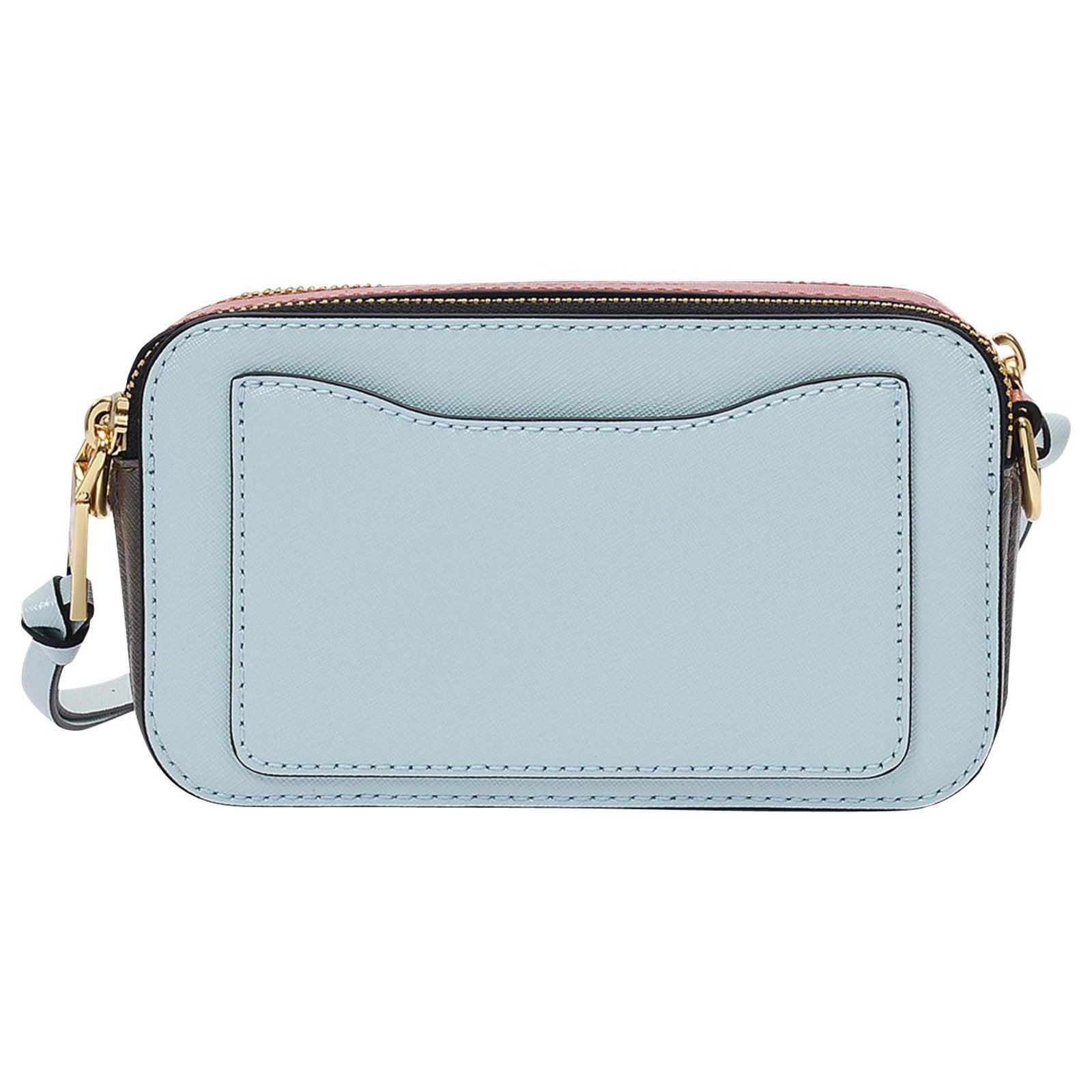 Marc Jacob Light blue crossbody bag with gold zipper on a white background