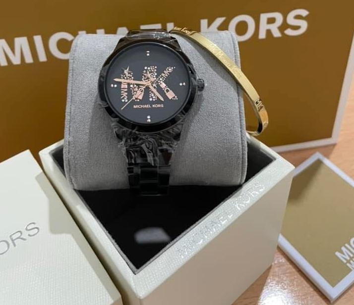 MICHAEL KORS RUNWAY QUARTZ BLACK DIAL BLACK STEEL STRAP - MK6683 ( WITH MK BANGLE )