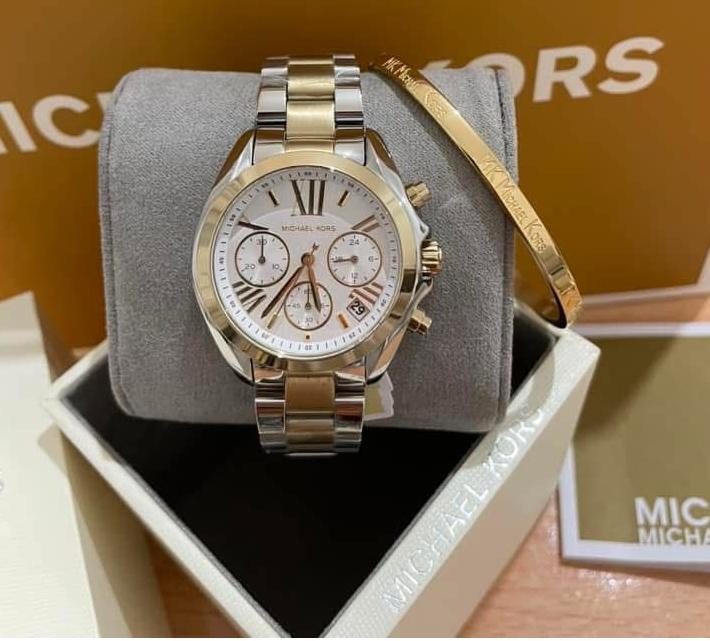 MICHAEL KORS SILVER WHITE TWO TONE STAINLESS STEEL BRADSHAW - MK5974 ( WITH MK BANGLE )