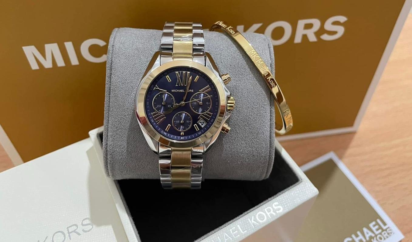 MICHAEL KORS BLUE DIAL TWO TONE STAINLESS STEEL  ( WITH MK BANGLE )